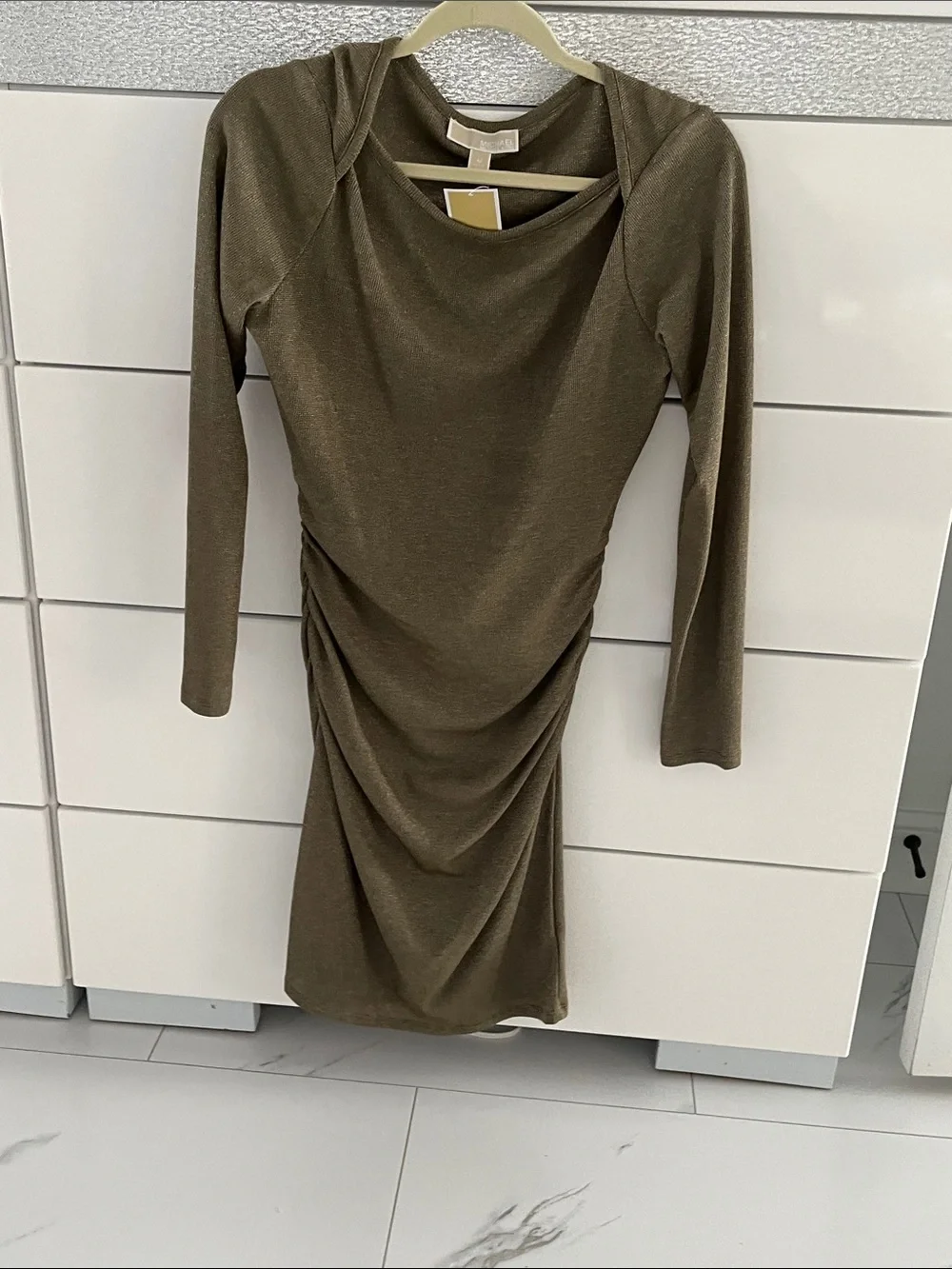 Michael Kors Olive Green Ruched Long-Sleeve Sheath Dress
